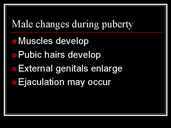 Male changes during puberty n Muscles develop n Pubic hairs develop n External genitals
