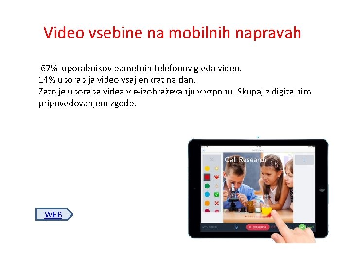 Video vsebine na mobilnih napravah 67% uporabnikov pametnih telefonov gleda video. 14% uporablja video