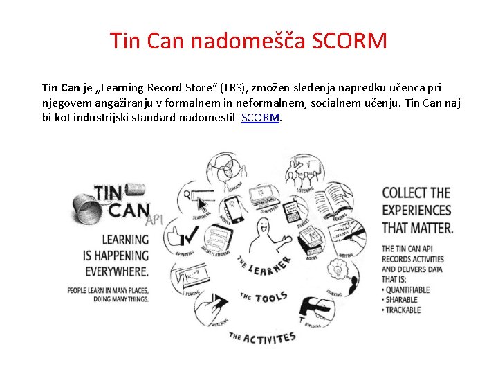 Tin Can nadomešča SCORM Tin Can je „Learning Record Store“ (LRS), zmožen sledenja napredku