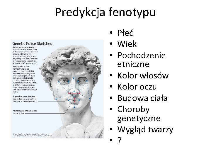 Predykcja fenotypu • Płeć • Wiek • Pochodzenie etniczne • Kolor włosów • Kolor