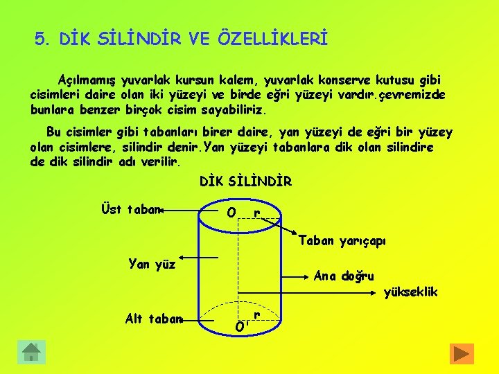 5. DİK SİLİNDİR VE ÖZELLİKLERİ Açılmamış yuvarlak kursun kalem, yuvarlak konserve kutusu gibi cisimleri