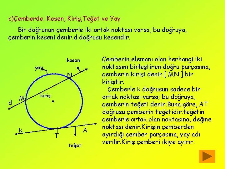 c)Çemberde; Kesen, Kiriş, Teğet ve Yay Bir doğrunun çemberle iki ortak noktası varsa, bu