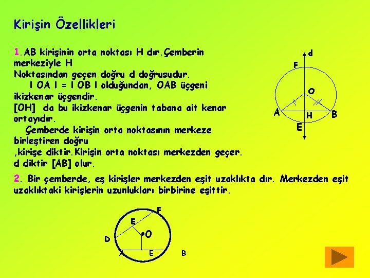 Kirişin Özellikleri 1. AB kirişinin orta noktası H dır. Çemberin merkeziyle H Noktasından geçen