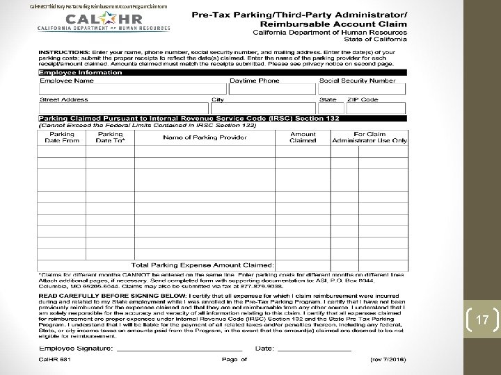 1/4/2022 Cal. HR 681 Third. Party. Pre-Tax. Parking. Reimbursement. Account. Program. Claim. Form 17