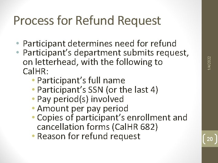  • Participant determines need for refund • Participant’s department submits request, on letterhead,