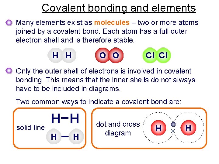 Covalent bonding and elements Many elements exist as molecules – two or more atoms