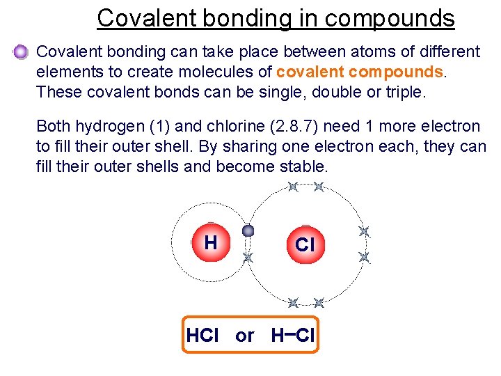 Covalent bonding in compounds Covalent bonding can take place between atoms of different elements