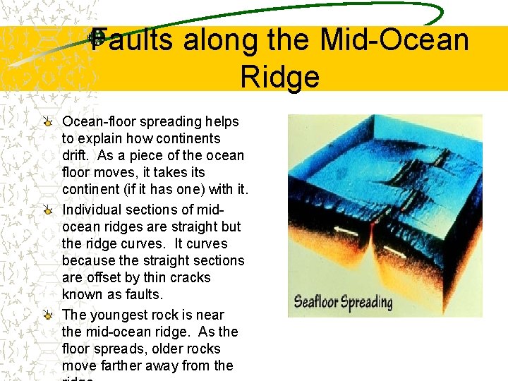 Faults along the Mid-Ocean Ridge Ocean-floor spreading helps to explain how continents drift. As