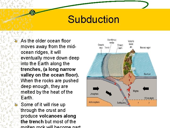 Subduction As the older ocean floor moves away from the midocean ridges, it will