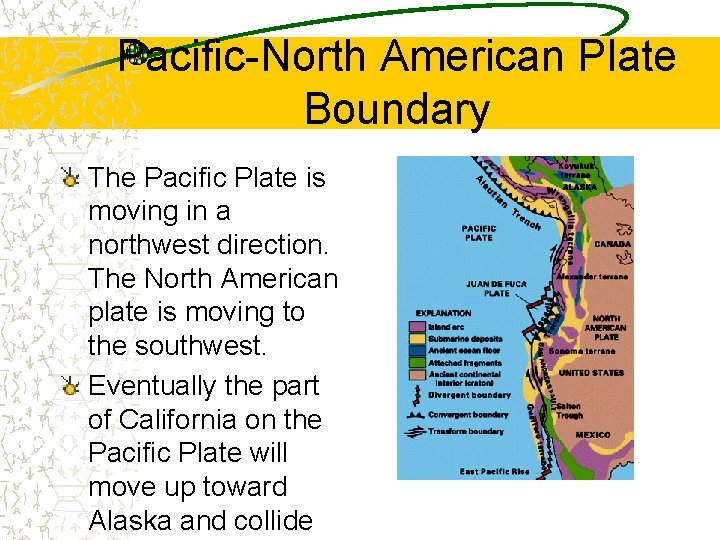 Pacific-North American Plate Boundary The Pacific Plate is moving in a northwest direction. The