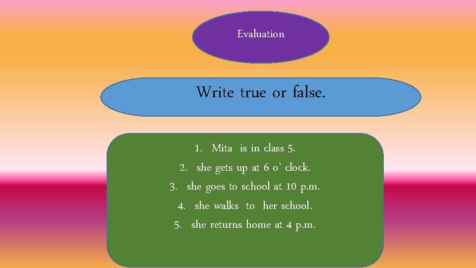 Evaluation Write true or false. 1. Mita is in class 5. 2. she gets