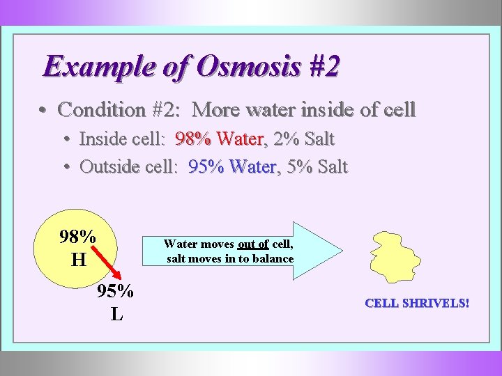 Example of Osmosis #2 • Condition #2: More water inside of cell • Inside