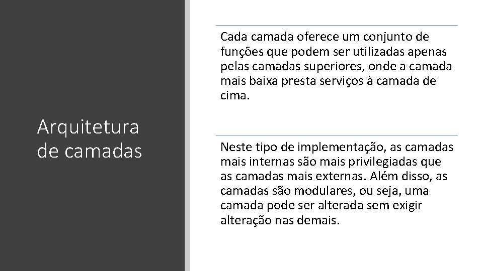 Cada camada oferece um conjunto de funções que podem ser utilizadas apenas pelas camadas