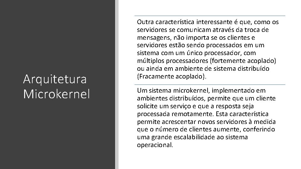 Arquitetura Microkernel Outra característica interessante é que, como os servidores se comunicam através da