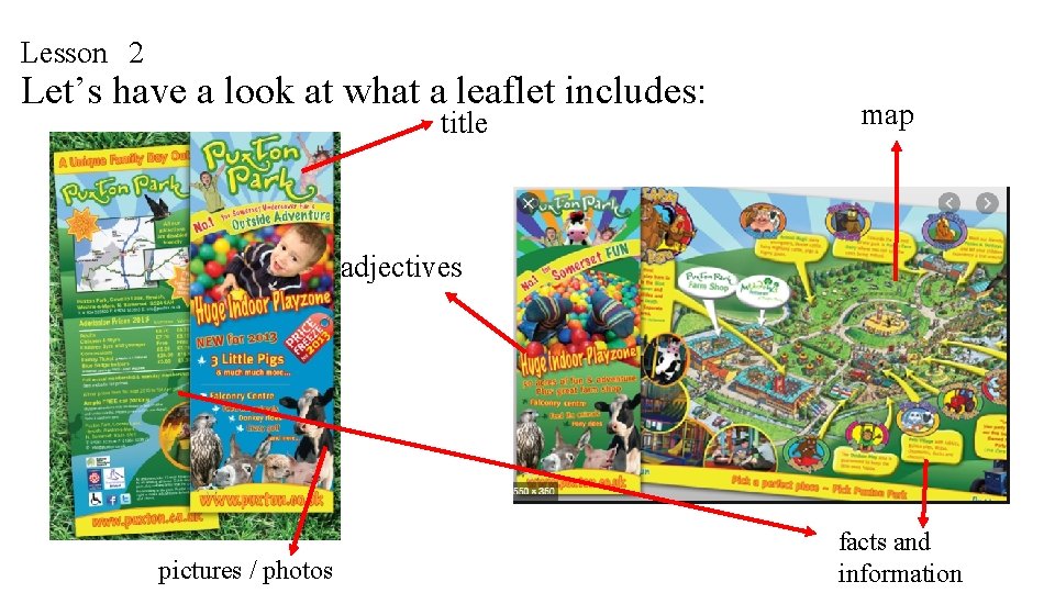 Lesson 2 Let’s have a look at what a leaflet includes: title map adjectives