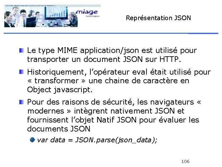 Représentation JSON Le type MIME application/json est utilisé pour transporter un document JSON sur