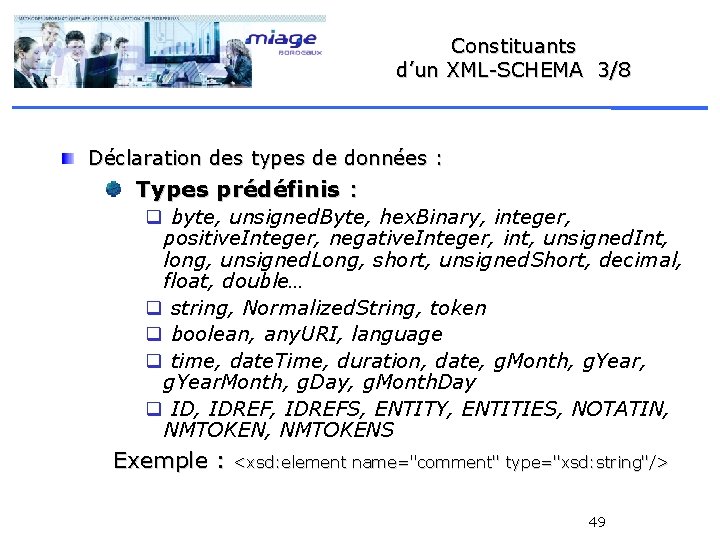 Constituants d’un XML-SCHEMA 3/8 Déclaration des types de données : Types prédéfinis : q