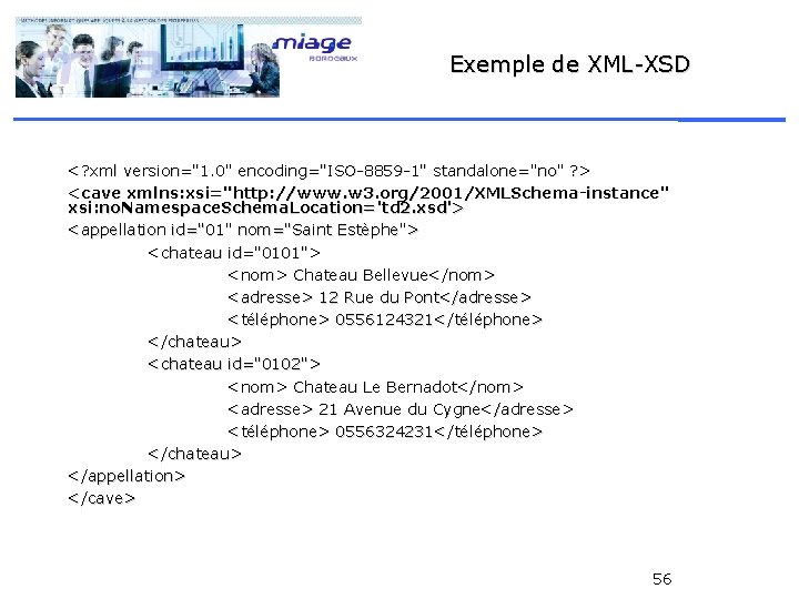 Exemple de XML-XSD <? xml version="1. 0" encoding="ISO-8859 -1" standalone="no" ? > <cave xmlns: