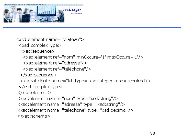 <xsd: element name="chateau"> <xsd: complex. Type> <xsd: sequence> <xsd: element ref="nom" min. Occurs='1' max.