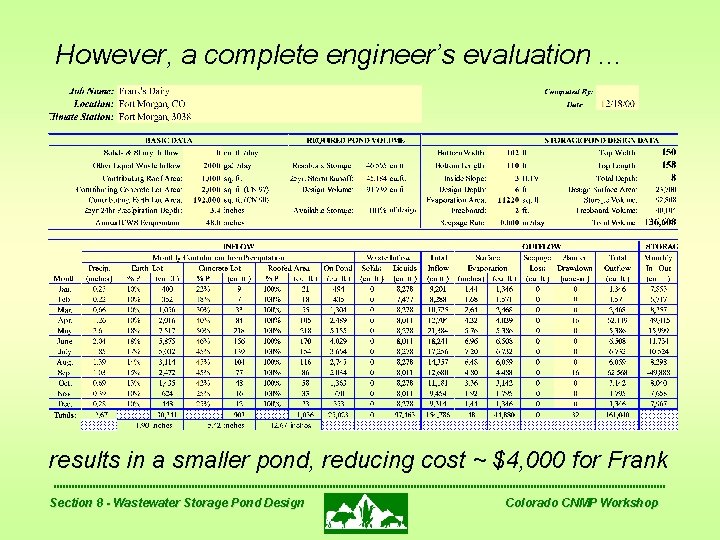 However, a complete engineer’s evaluation. . . results in a smaller pond, reducing cost