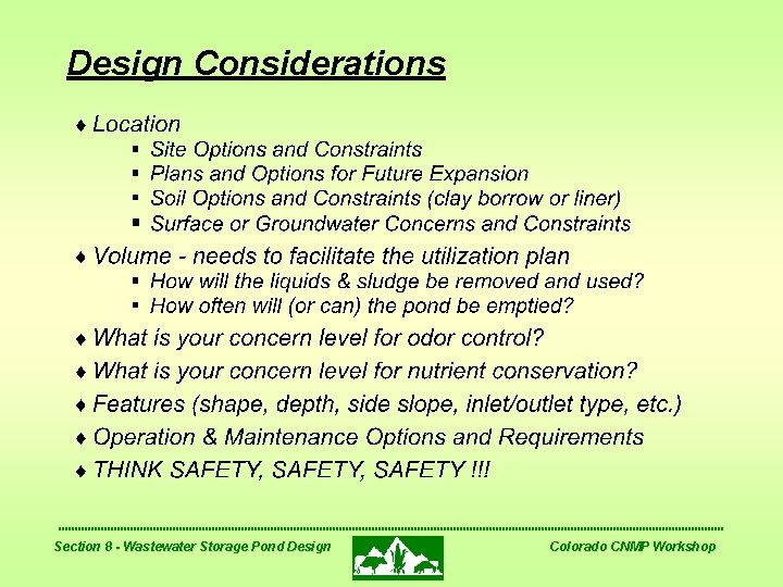 Design Considerations Section 8 - Wastewater Storage Pond Design Colorado CNMP Workshop 