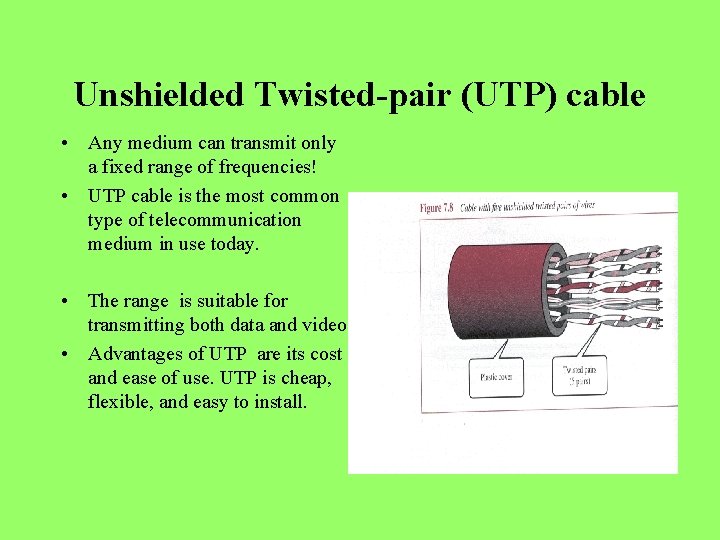 Unshielded Twisted-pair (UTP) cable • Any medium can transmit only a fixed range of