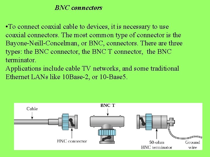 BNC connectors • To connect coaxial cable to devices, it is necessary to use