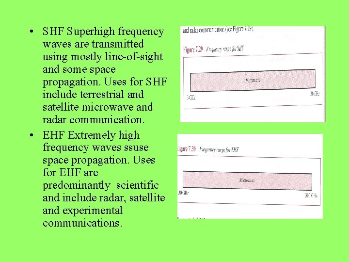  • SHF Superhigh frequency waves are transmitted using mostly line-of-sight and some space