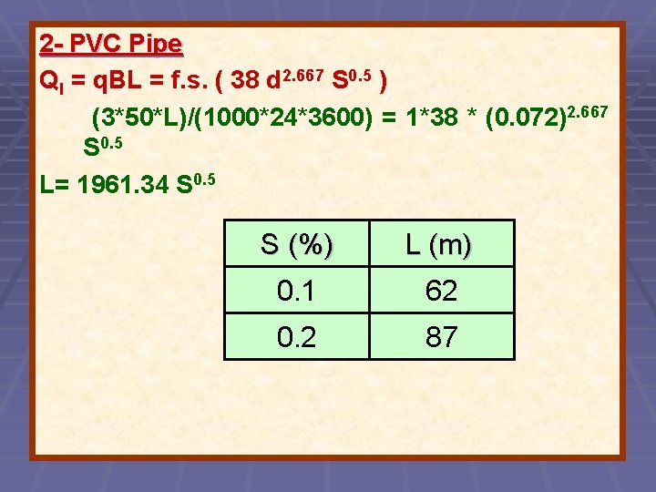 2 - PVC Pipe Ql = q. BL = f. s. ( 38 d