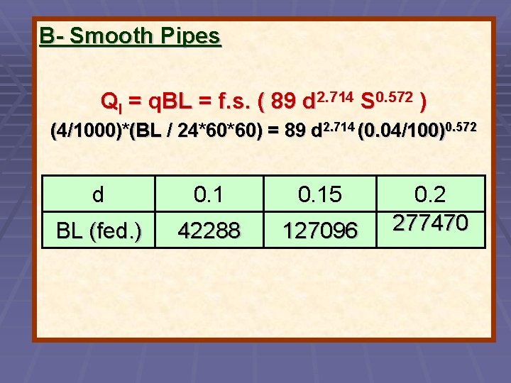 B- Smooth Pipes Ql = q. BL = f. s. ( 89 d 2.