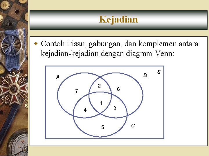 Kejadian w Contoh irisan, gabungan, dan komplemen antara kejadian-kejadian dengan diagram Venn: B A