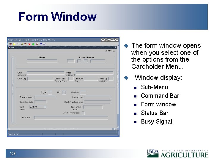 Form Window u u The form window opens when you select one of the