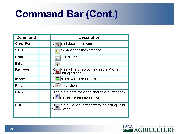 Command Bar (Cont. ) Command Description Clear Form Clears all data in the form.