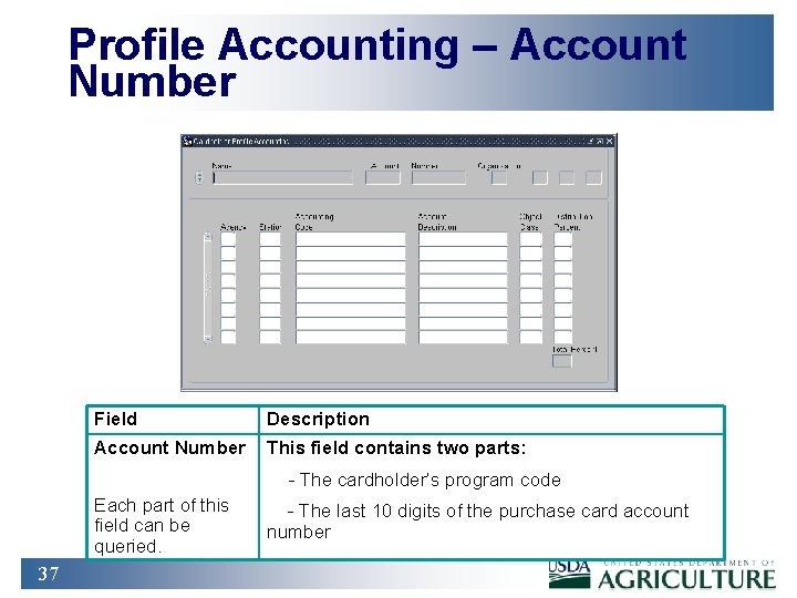 Profile Accounting – Account Number Field Description Account Number This field contains two parts: