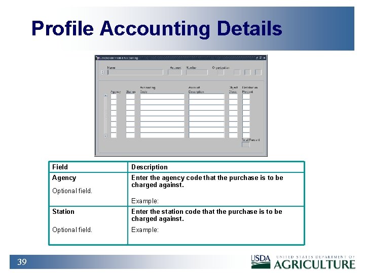 Profile Accounting Details Field Description Agency Enter the agency code that the purchase is