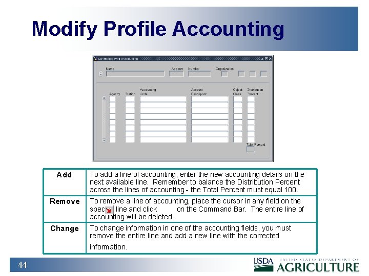 Modify Profile Accounting Add To add a line of accounting, enter the new accounting