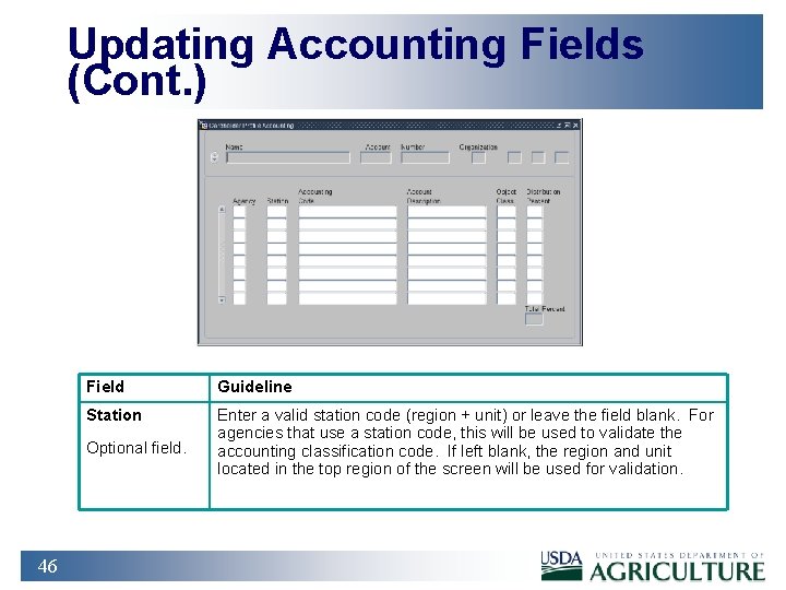 Updating Accounting Fields (Cont. ) Field Guideline Station Enter a valid station code (region