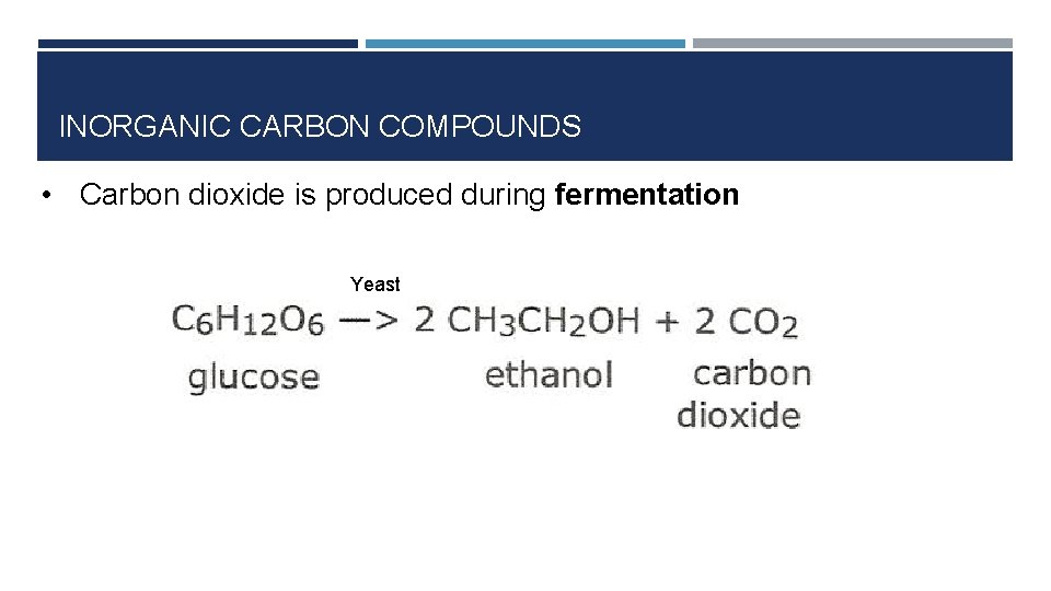 INORGANIC CARBON COMPOUNDS • Carbon dioxide is produced during fermentation Yeast 