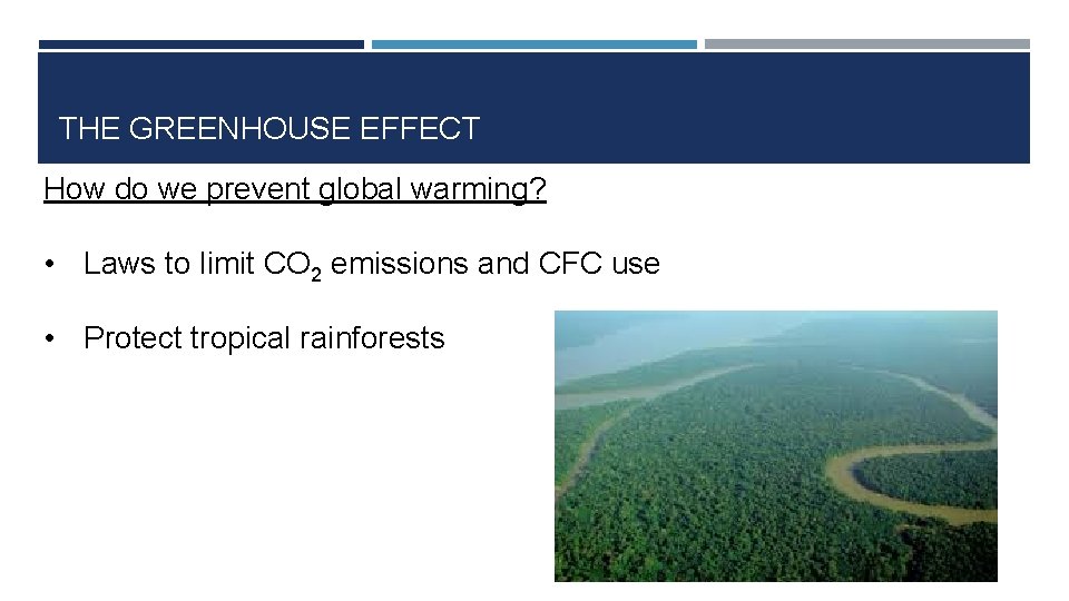 THE GREENHOUSE EFFECT How do we prevent global warming? • Laws to limit CO