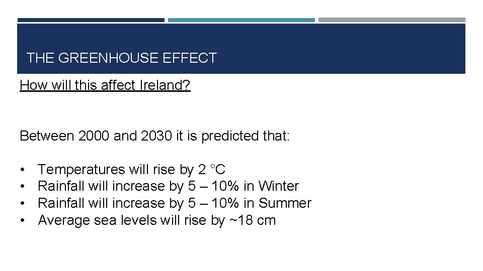 THE GREENHOUSE EFFECT How will this affect Ireland? Between 2000 and 2030 it is