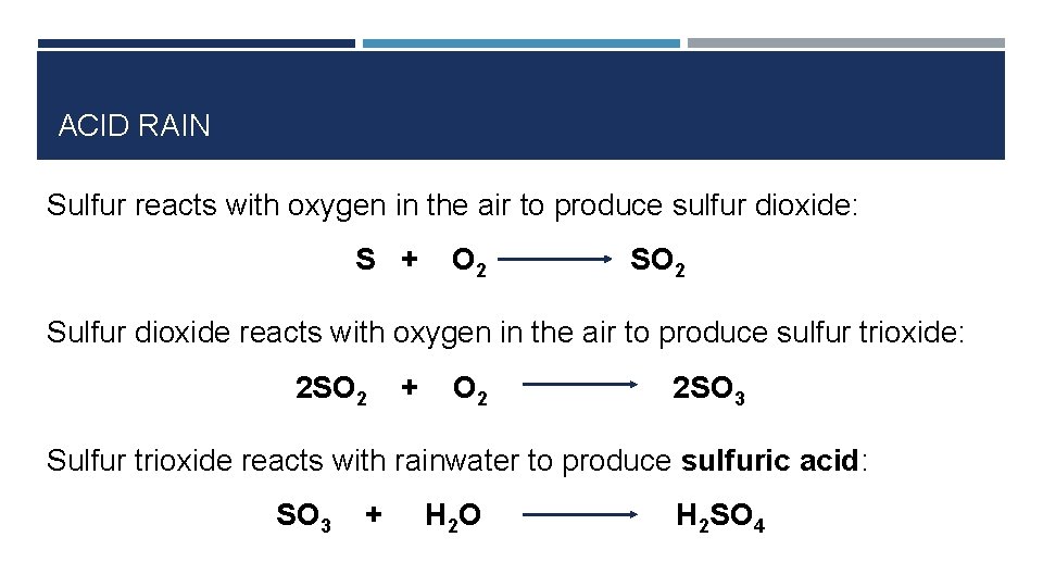 ACID RAIN Sulfur reacts with oxygen in the air to produce sulfur dioxide: S