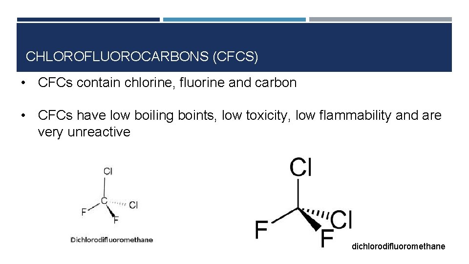 CHLOROFLUOROCARBONS (CFCS) • CFCs contain chlorine, fluorine and carbon • CFCs have low boiling