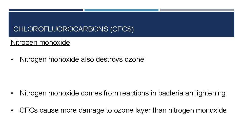 CHLOROFLUOROCARBONS (CFCS) Nitrogen monoxide • Nitrogen monoxide also destroys ozone: • Nitrogen monoxide comes