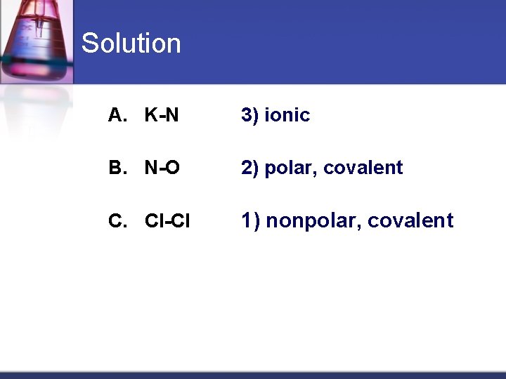 Solution A. K-N 3) ionic B. N-O 2) polar, covalent C. Cl-Cl 1) nonpolar,