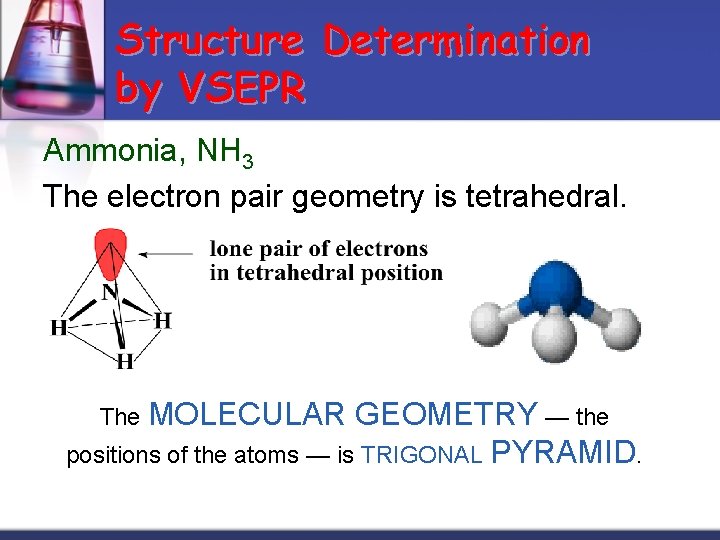 Structure Determination by VSEPR Ammonia, NH 3 The electron pair geometry is tetrahedral. The