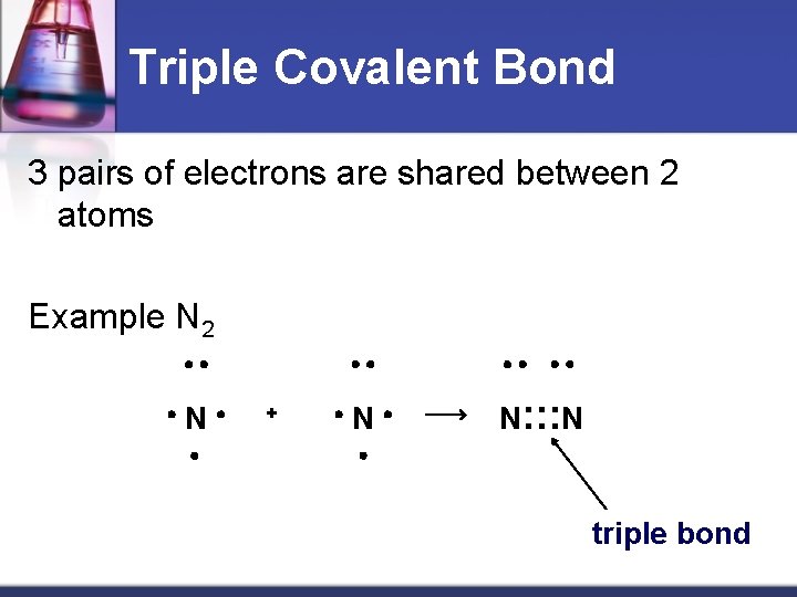 Triple Covalent Bond 3 pairs of electrons are shared between 2 atoms Example N