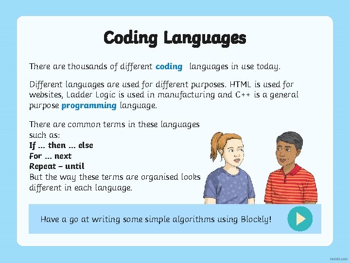 Coding Languages There are thousands of different coding languages in use today. Different languages Coding Languages There are thousands of different coding languages in use today. Different languages