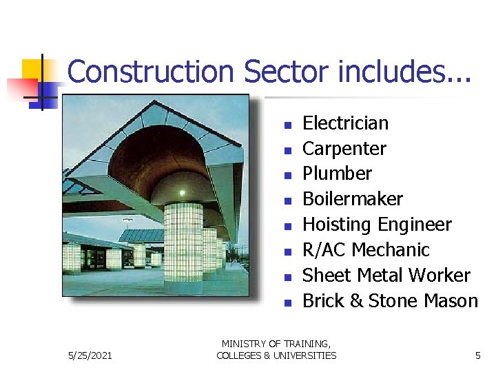 Construction Sector includes. . . n n n n 5/25/2021 Electrician Carpenter Plumber Boilermaker