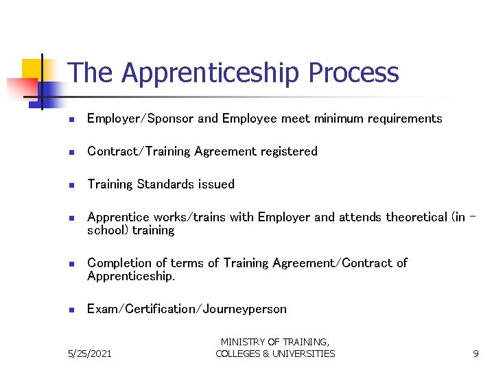 The Apprenticeship Process n Employer/Sponsor and Employee meet minimum requirements n Contract/Training Agreement registered