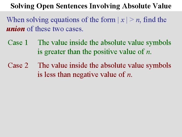 Solving Open Sentences Involving Absolute Value When solving equations of the form | x